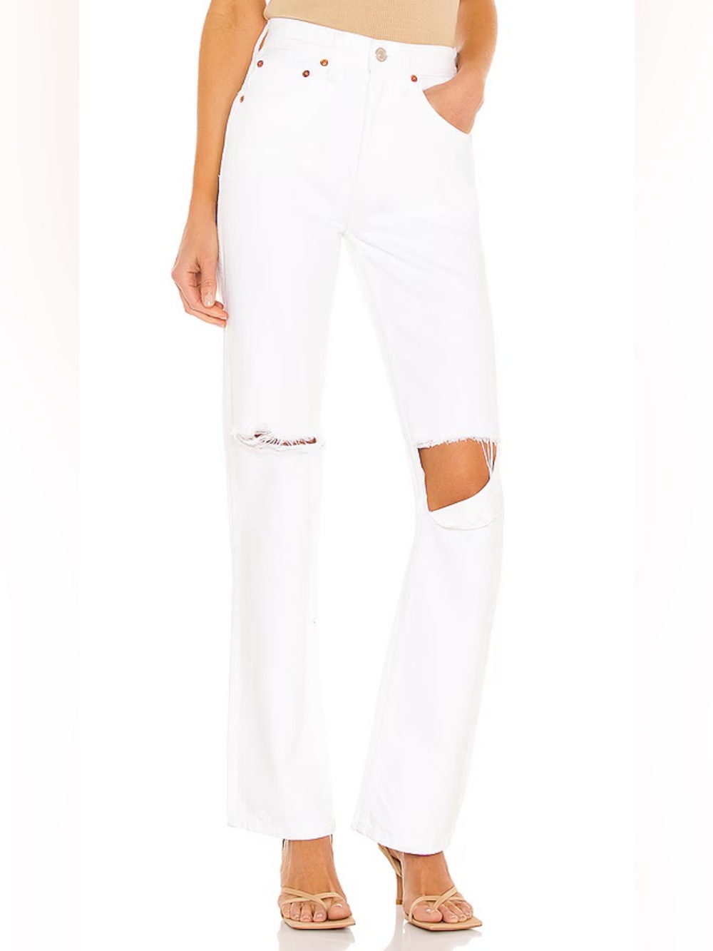 $550 Re/Done White High-Rise Distressed Straight-Leg Jeans 32 XL New with tags